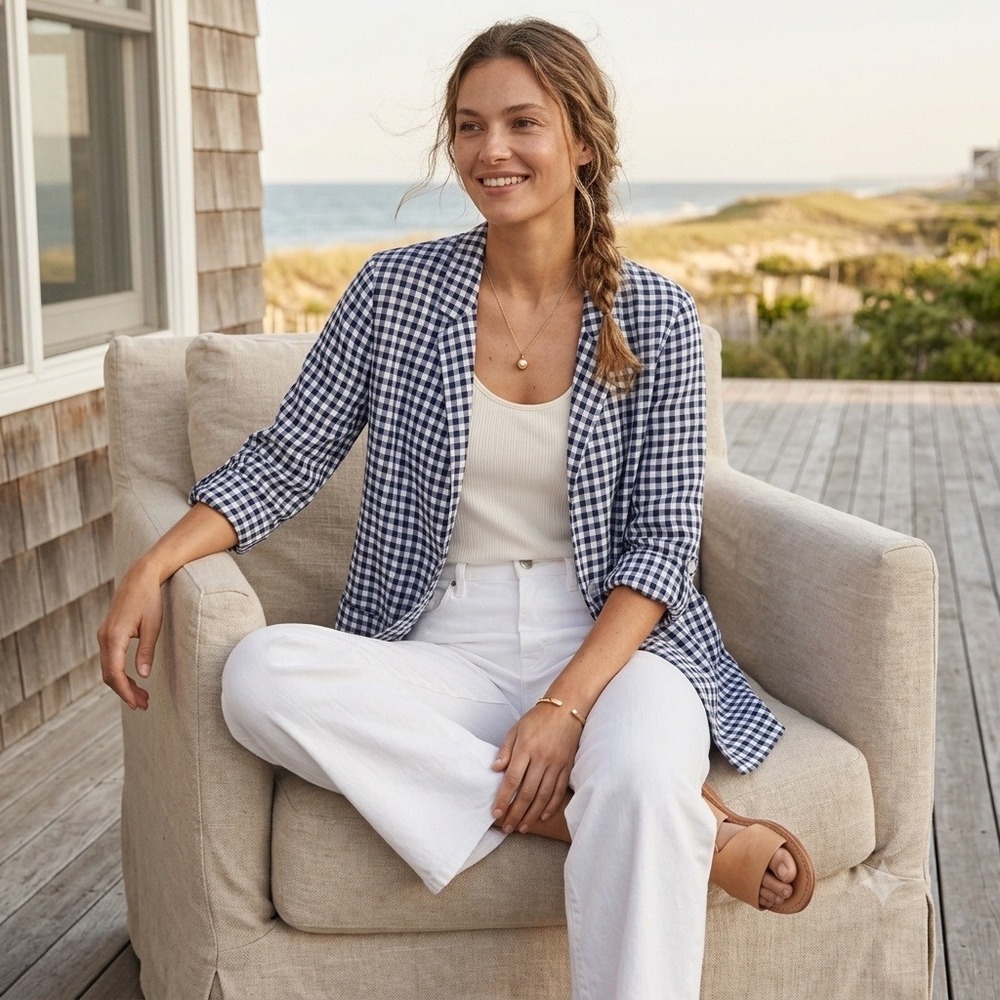 Cynthia Rowley Coastal Cottage Blue Gingham 100% Linen Blazer Roll Tab Sleeve M